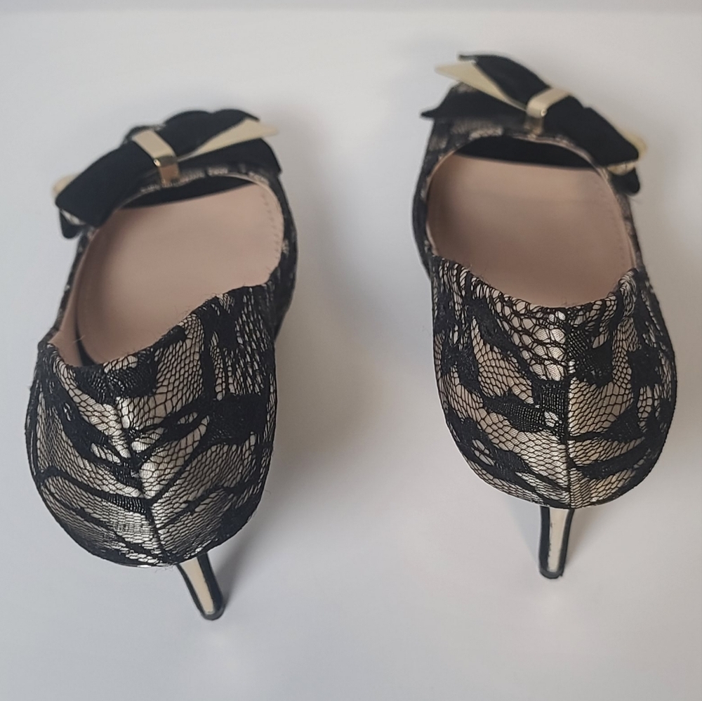 Guess Platform Peep Toe High Heel Pumps Black Lace Over Champagne Gold, 6.5M - Picture 9 of 15